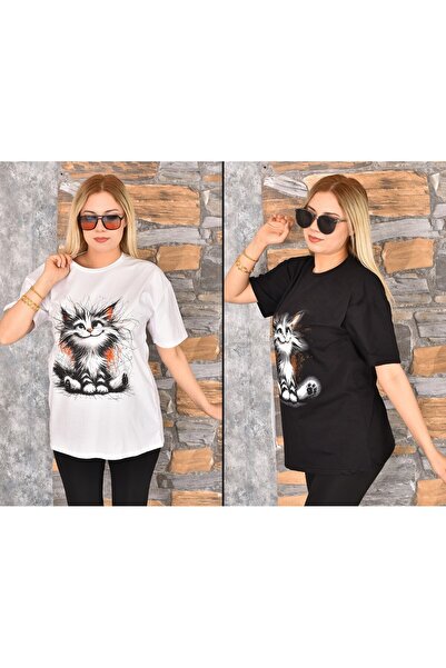 GEZEGENX 2 bucăți pisică cu imprimeu supradimensionat Femeie tricou guler rotund