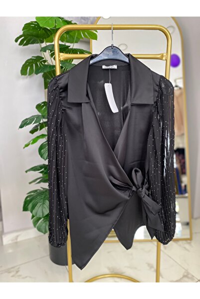 Anka Kolları taşlı tüllü kruvaze gömlek