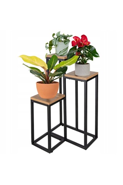 zola Suport metalic flori cu 3 polite patrate MDF, max 45 kg, 67x34.5x34.5 cm, negru/maro