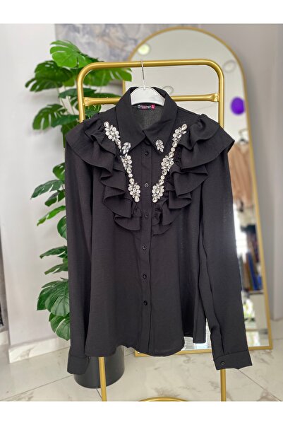 Anka Yakası fırfırlı ve taşlı gömlek