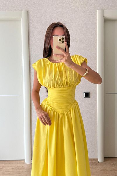 FMN Moda Lightweight Flywheel Shoulder Design Draped Waist Hugging Pinterest Model Midi Length Flared Skirt Fashionable Summer Dress