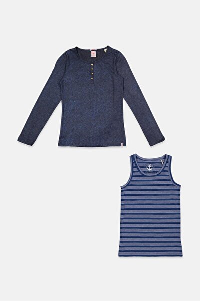 Scotch & Soda Kids Girl 2 Pieces Plain And Stripe Top, Navy and Blue