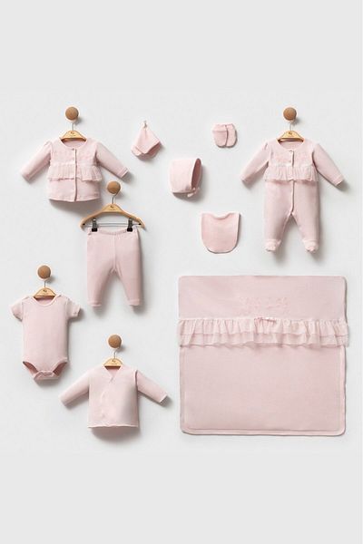 Cassiope Soft Touch Cotton Soft Textured 10 Piece Baby Girl Hospital Discharge Set with Ruffled Embroidery Detail