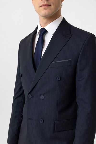 SÜVARİ Süvari Slim Fit Striped Navy Blue Double Breasted Suit