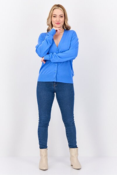 Esprit Women Solid Through Button Detail Cardigan, Light Blue