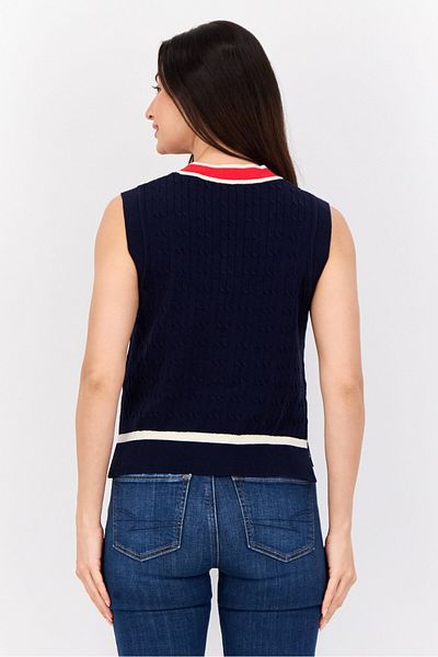 Esprit Women V Neck Knitted Vest Sweater, Navy