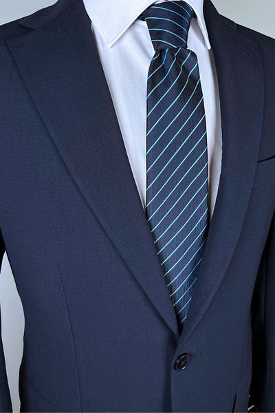 1001 Kravat Blue Striped 8 cm Wide Classic Navy Blue Tie