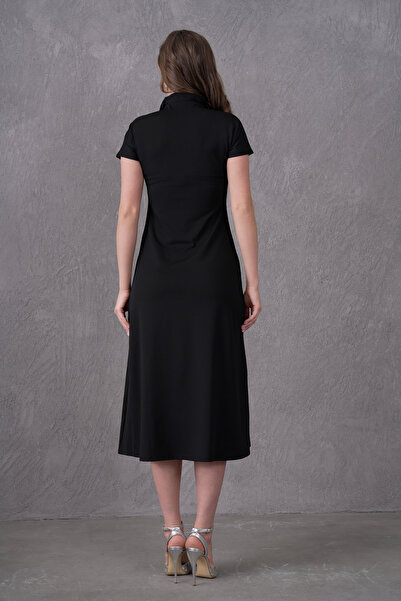 bayansepeti Modern Style Straight Cut Zipper Design Black Midi Length Dress 2175