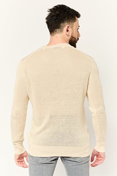 Esprit Men Crew Neck Long Sleeve Crochet Sweater, Beige