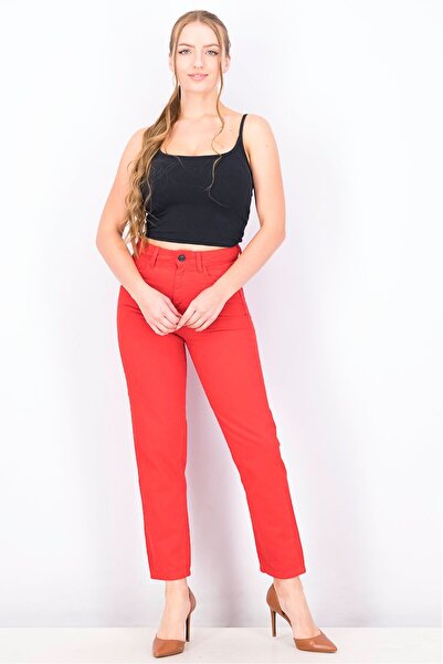 Reserved Women Mom Fit Five Pocket Straight Jeans, Red