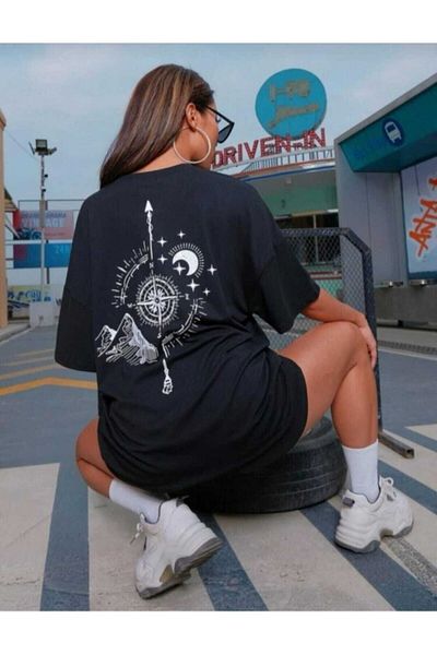 arıkoğlu kumaşçılık Tricou oversize negru de damă Tricou imprimat busolă la spate