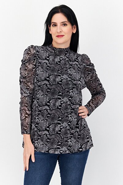 Bar III Women Plus Size Mock Neck Long Sleeve Snakeskin Blouse, Grey Combo