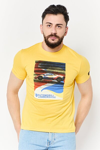 Lamborghini Men Crew Neck Short Sleeves Graphic Printed T-Shirt, Yellow