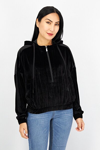 Steve Madden Women Myla Rhinestone Velvet Full Zip Hoodie, Black