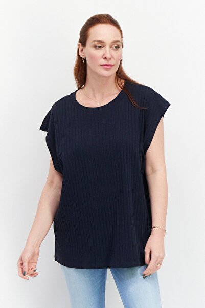 Tchibo Women Round Neck Cap Sleeve Plain Top, Navy
