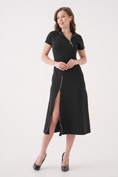 lovebox Women's Zippered Design Detail Short Sleeve High Collar Black Midi Evening Dress 2175
