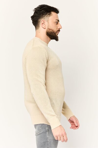 Esprit Men Crew Neck Long Sleeve Crochet Sweater, Beige