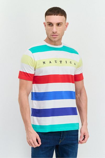 Nautica Men Crew Neck Short Sleeve Stripe T-Shirts, White Combo