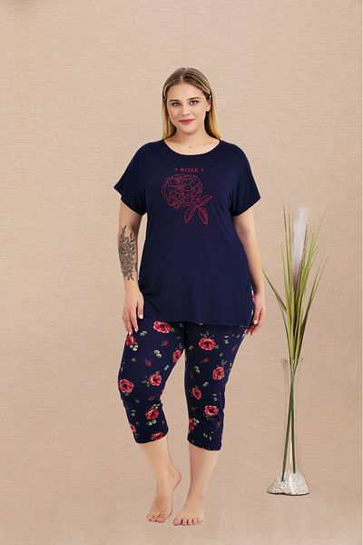 Lady Lingerie Set de pijamale supradimensionate pentru femei cu jambiere Capri, cu flori, cu mâneci scurte