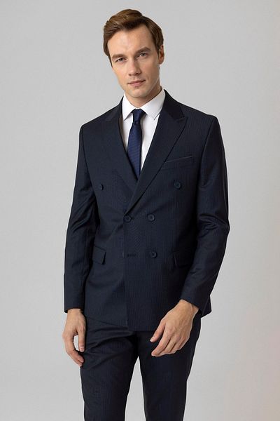 SÜVARİ Süvari Slim Fit Striped Navy Blue Double Breasted Suit