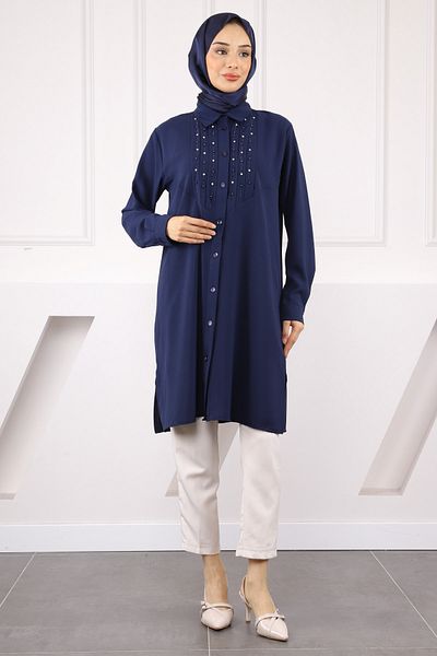 İmajButik Navy Blue Linda Tunic with Stone Detail on the Front