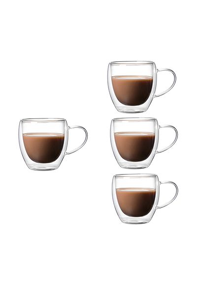 Set de 4 căni din sticlă cu pereți dubli, rezistente la căldură, transparente, 250 ml