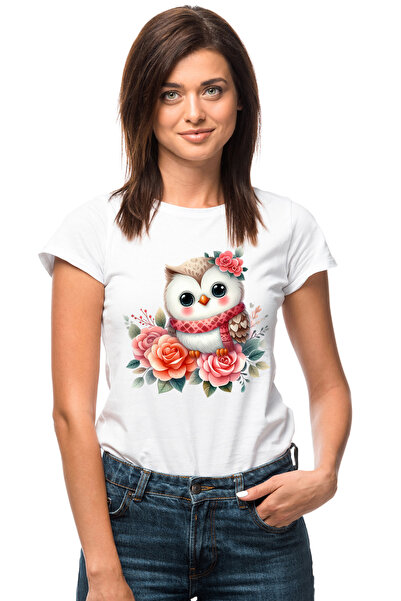 StoryGift Romania Tricou Femei cu o bufnita dragalasa, ilustratie, flori colorate, imbujorata, emo WHT_L