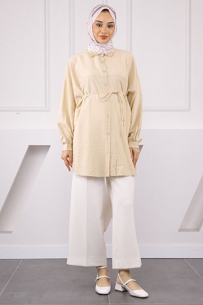 İmajButik Beige Waist Rope Detailed Tunic