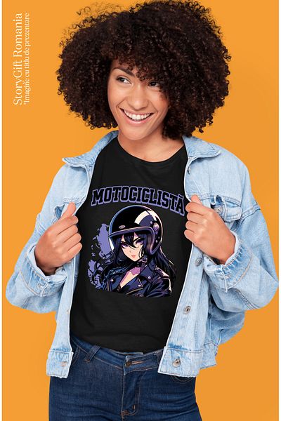 StoryGift Romania Tricou Femei Fata stil anime cu casca iubitoare de viteza text Motociclista cu i BLK_XS