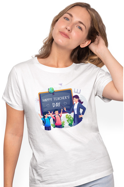 StoryGift Romania Tricou Femei Cu Mesaj In Engleza Happy Teacher's Day, Tabla, Ziua Profesorului, WHT_XS
