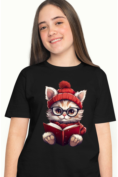 StoryGift Romania Tricou Femei cu o pisicuta care citeste, ilustratie, ochela...