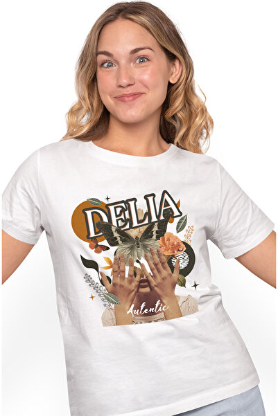 StoryGift Romania Tricou Femei Cu Numele Delia, Colaj Fata, Fluture, Flori, C...