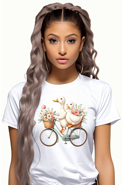 StoryGift Romania Tricou Femei cu 2 rate care se plimba cu bicicleta, ilustratie, cosulete cu flor WHT_S