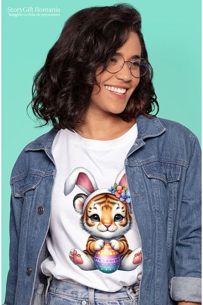 StoryGift Romania Women's T-shirt with a tiger cub with bunny ears, illustration, Easter holidays WHT_S