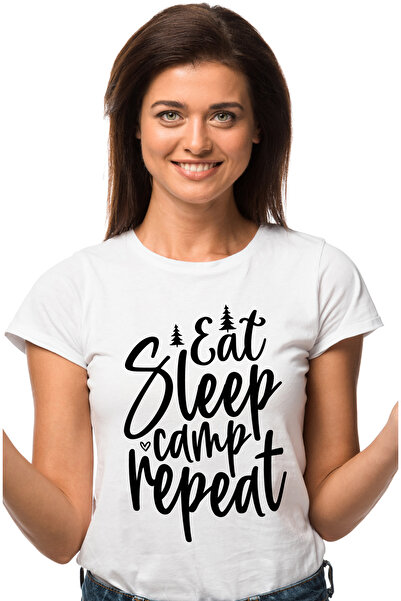 StoryGift Romania Tricou Femei cu brazi si mesajul "Eat sleep, camp, repeat" - mananca somn campea WHT_XS