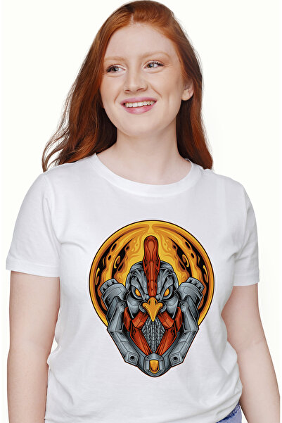 StoryGift Romania Tricou Femei Cu Cocos, Robot, Pasare, Mecha, Sci Fi, Soare, Flacari, Multicolor WHT_M