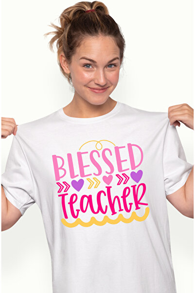 StoryGift Romania Tricou Femei Cu Text In Engleza Blessed Teacher, Inimi Colo...