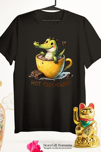 StoryGift Romania Women's T-shirt with a little crocodile bathing in a cup of hot chocolate BLK_XL