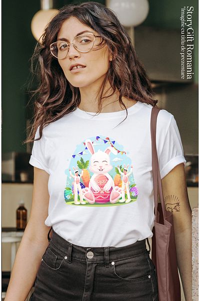 StoryGift Romania Tricou Femei Cu Iepure, Costum, Paste, Morcovi, Oua, Multicolor cu imprimeu pe WHT_XL