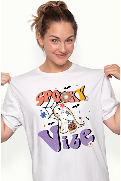 StoryGift Romania Tricou Femei cu mesajul "Spooky vibe", ilustratie, Halloween, sarbatoare, octomb WHT_XL