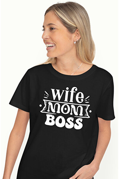 StoryGift Romania Tricou Femei cu textul in engleza "Wife, mom, boss" - sotie mama sefa/patroana f BLK_M