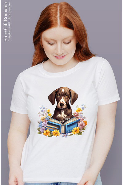 StoryGift Romania Tricou Femei cu un catel care se uita surpins, tine o carte deschisa, lectura, i WHT_L