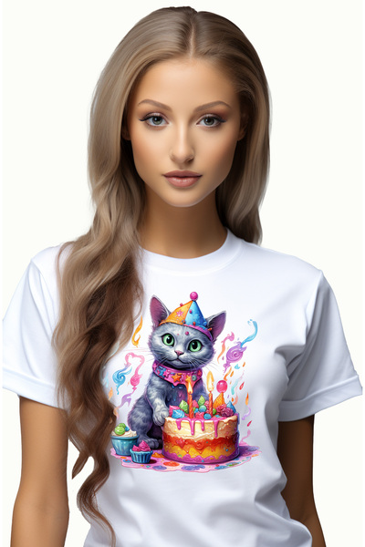 StoryGift Romania Tricou Femei cu o pisica la aniversare, ilustratie, tort, l...