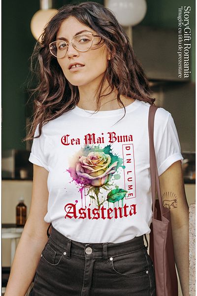 StoryGift Romania Tricou Femei Cu Textul Cea Mai Buna Asistenta, Din Lume, Floare, Trandafir Color Wht_l