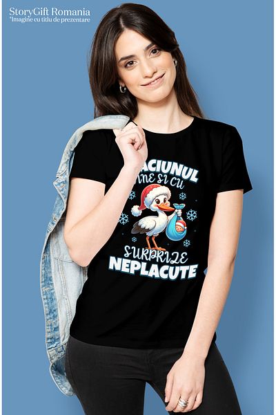 StoryGift Romania Women's T-shirt Christmas comes with unpleasant surprises, stork with baby, BLK_XS print