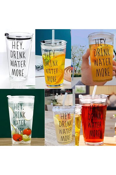 PUFO Cană de cafea transparentă Drink Water cu capac, 450 ml