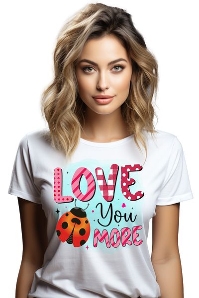 StoryGift Romania Tricou Femei cu o buburuza cu mesajul "Love you more", inimioare, fundal albastr WHT_XS
