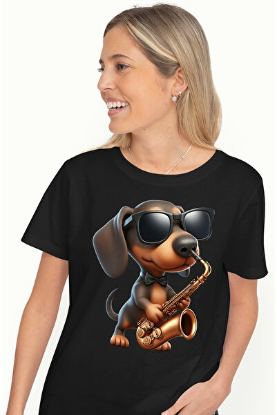 StoryGift Romania Tricou Femei cu un catel care canta la saxofon, 3D, ochelari, ilustratie, pentru BLK_S