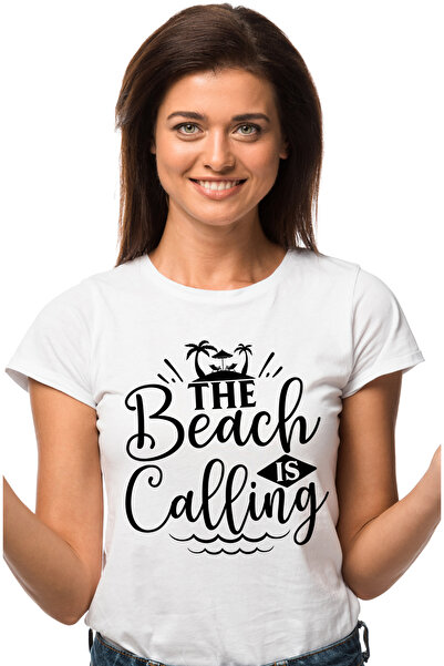 StoryGift Romania Tricou Femei cu palmieri si mesajul "The beach is calling" - plaja te striga cu WHT_XS