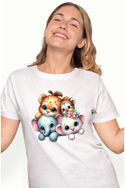StoryGift Romania Women's T-shirt with animals, illustration, elephant, teddy bear, tiger, children, friendship WHT_S